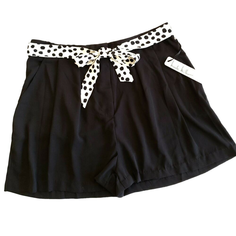 NICOLE MILLER New York Perfect Pleated polka dot tie black dress shorts Sz 6 NEW